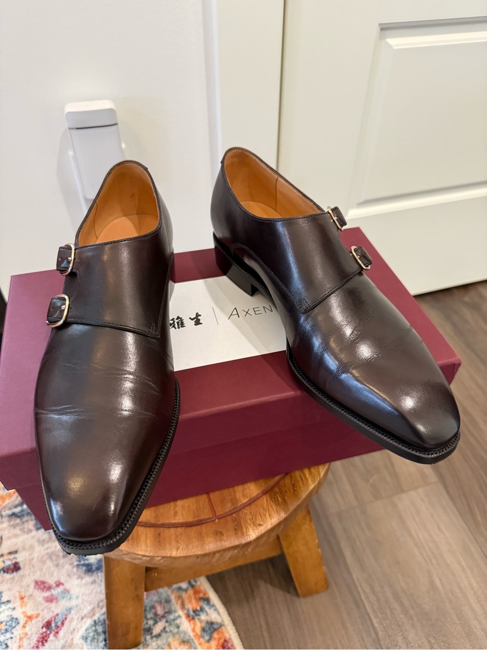 Axen Shoemaker Good Year Welt Double Monk Strap in Dark Brown Leather UK6 US7